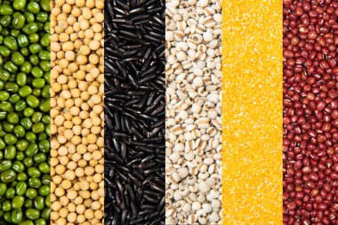 Farklı tahıl, tahıl ve fasulye arkaplan koleksiyonu.