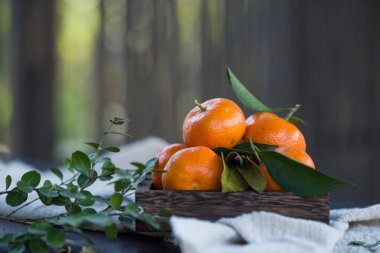 ripe tangerines tangerines with green leaves on desk