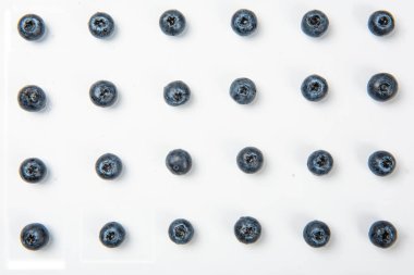 Beyaz arkaplana simetrik olarak yerleştirilmiş organik yaban mersinleri