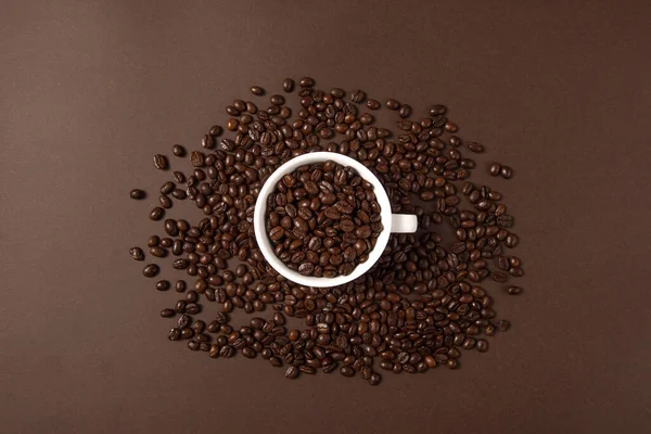 Cup Coffee Wih Coffee Beans Brown Background Top View — Stock Photo, Image