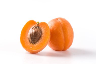  Fresh apricots fruit and half isolated on white background with clipping path
