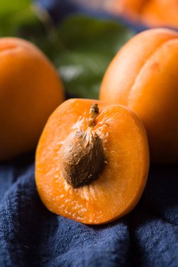  Fresh apricots fruit and half on wood background with clipping path