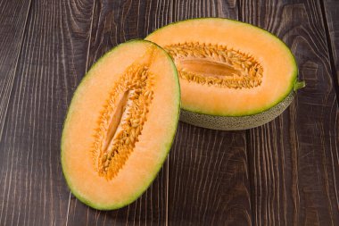 close-up of fresh Hami melon fruit on wooden background.
