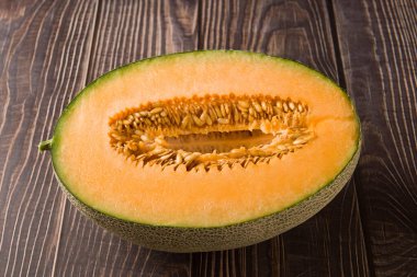 close-up of fresh Hami melon fruit on wooden background.