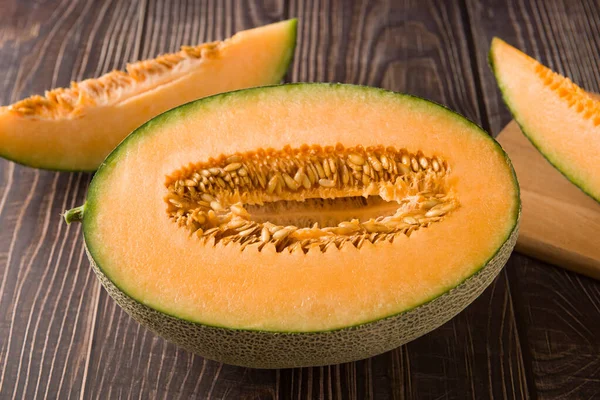 Close Fresh Hami Melon Fruit Wooden Background Stok Resim