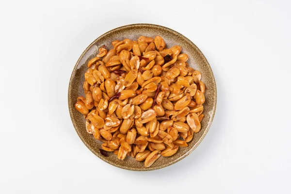 Delicious Snack Fried Spicy Peanuts White Background — Stock Photo, Image