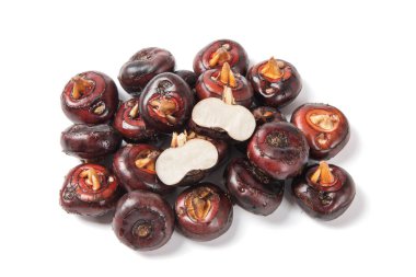 Çiğ Çin kestanesi beyaz arkaplanda izole edilmiş.