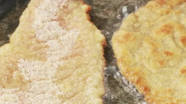 Panierte Schnitzel, die gebraten werden — Stockvideo