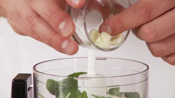 Pesto ingredienser i en mixer — Stockvideo