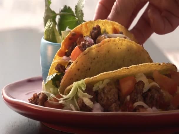 Taco skořápky plněné mleté — Stock video