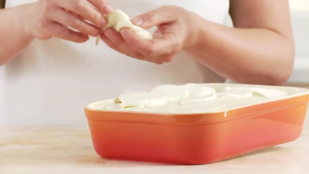 Lasagne wordt bedekt met Mozzarella — Stockvideo