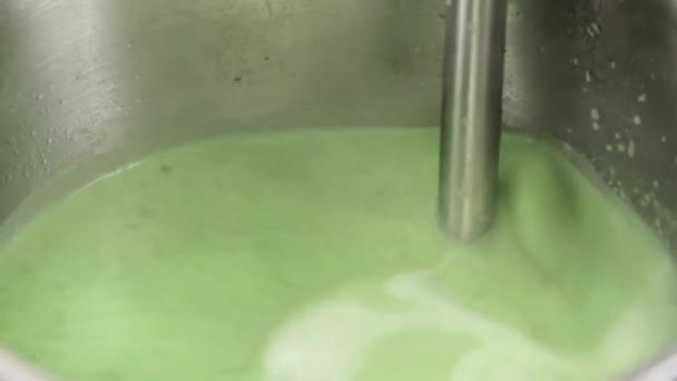 Pea soup being pureed with a hand blender — Stock Video