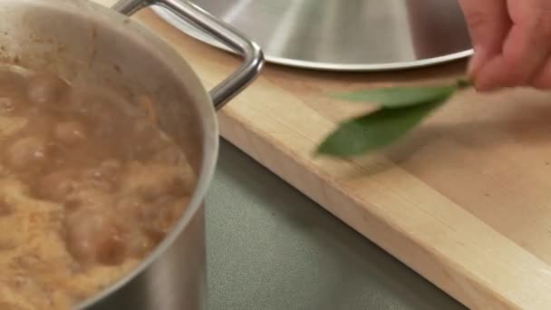 Bay leaves being added to goulash — Stock Video