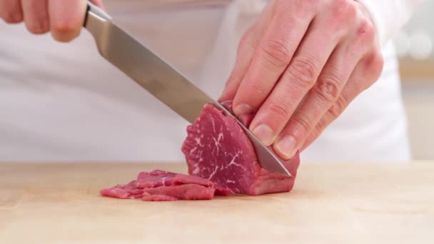 Beef fillet being sliced — Stock Video