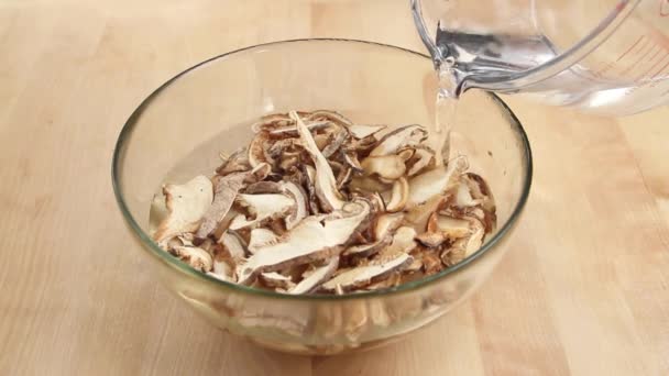 Dried mushrooms being softened — Stock Video