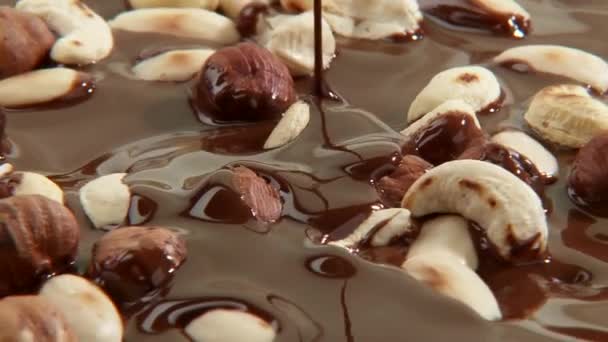 Versare il cioccolato sulle noci — Video Stock