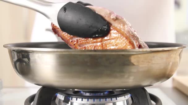 Duck breast being turned — Stock Video