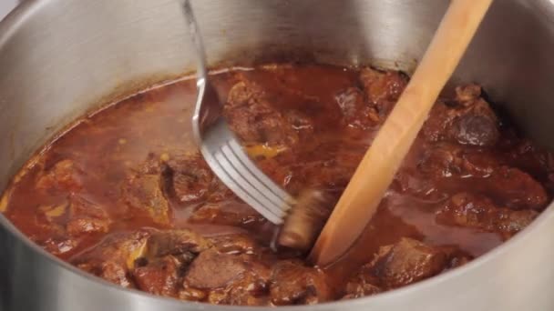 Testen van vlees met een vork — Stockvideo