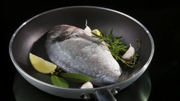 Sea bream in a frying pan — Stock Video