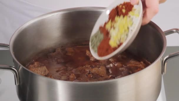 Seasoning beef goulash — Stock Video