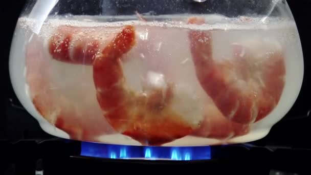 Креветки в кипящей воде — стоковое видео