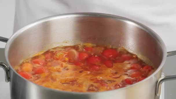 Cocer sopa de tomate a fuego lento en olla — Vídeos de Stock