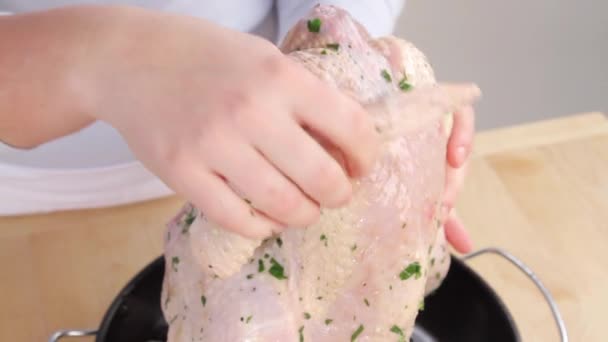 Alitas de pollo pegadas detrás de la espalda — Vídeos de Stock