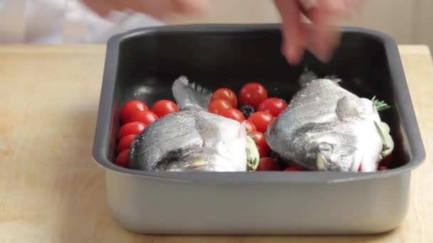 Meerbrasse auf Tomaten und Oliven legen und mit Kräuteröl bestreichen — Stockvideo