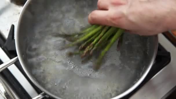 Groene asperges worden toegevoegd aan een pot van kokend water — Stockvideo