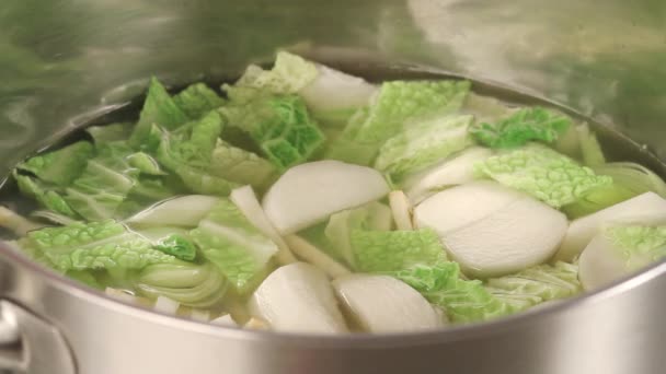 卷心菜和根菜类蔬菜被煮熟 — 图库视频影像