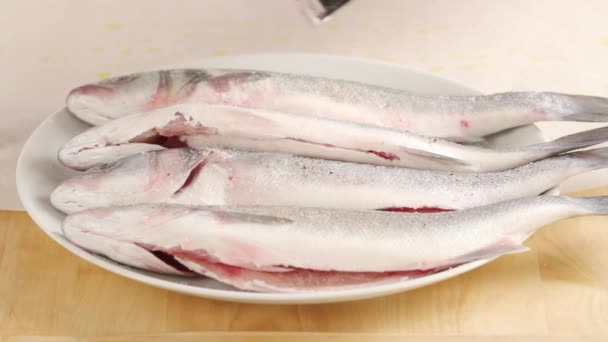 Приправление рыбы перцем — стоковое видео
