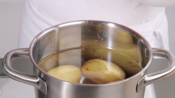 Pfanne mit Wasser und Kartoffeln — Stockvideo