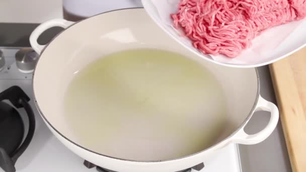 Menempatkan daging cincang ke dalam panci — Stok Video