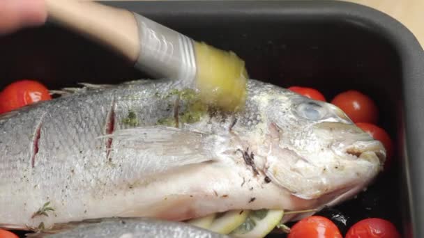 Seabream con aceite de hierbas — Vídeo de stock