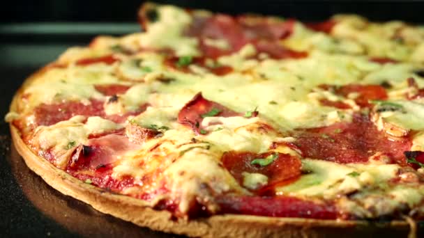 Пицца с салями в духовке — стоковое видео