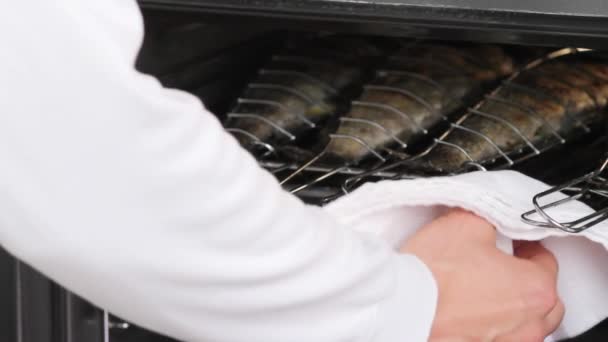 Grillen forel in de oven — Stockvideo