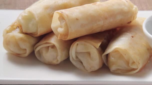Spring rolls with soy dip — Stock Video