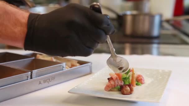 Chef-kok regelen van voedsel op een plaat — Stockvideo