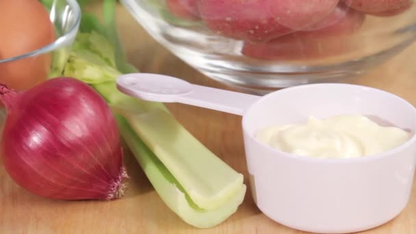 Ingrediënten voor Amerikaanse aardappelsalade — Stockvideo