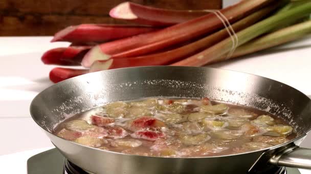 Cocinar ruibarbo en una sartén — Vídeo de stock