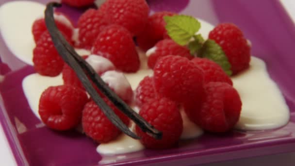 Raspberries with custard and icing sugar — Stock Video