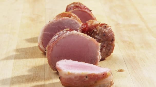 Sliced barded pork fillet — Stock Video