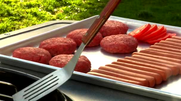 Hambúrgueres e salsichas prontos para grelhar — Vídeo de Stock