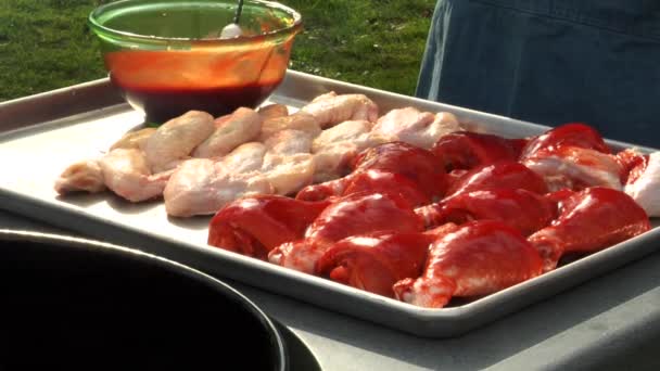 Personne brossant le poulet avec de la marinade — Video