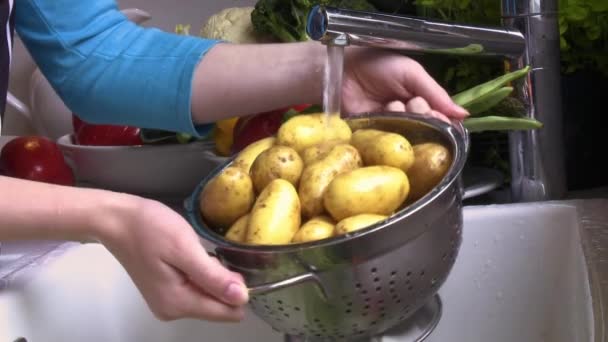 Frau wäscht Kartoffeln — Stockvideo