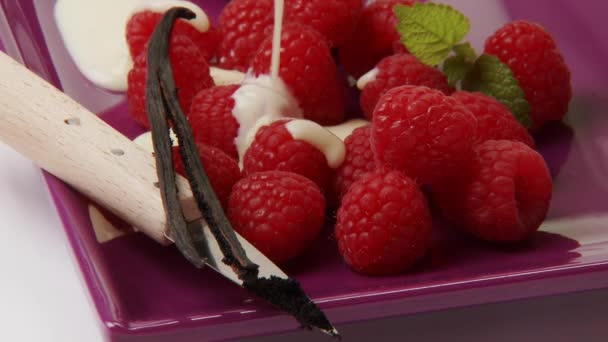 Frische Himbeeren mit Vanilleschote — Stockvideo