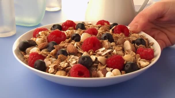 Verter leche sobre muesli — Vídeos de Stock