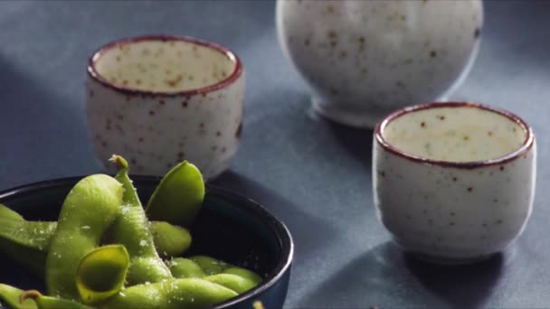 Verter sake en la taza — Vídeo de stock