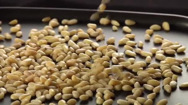 Pinienkerne in einer Pfanne — Stockvideo
