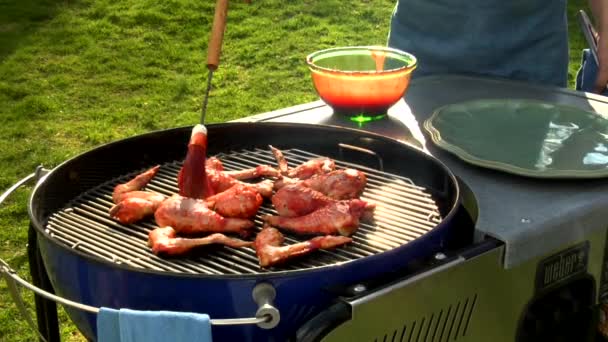 Putzen von Hühnerstücken mit Barbecue-Marinade — Stockvideo
